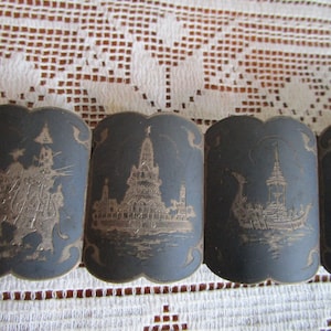 Niello black, silver Thai Siam bracelet, wide 6 panels w images, articulated (several parts) sliding push clasp. stamped &quot;silver 92&quot;
