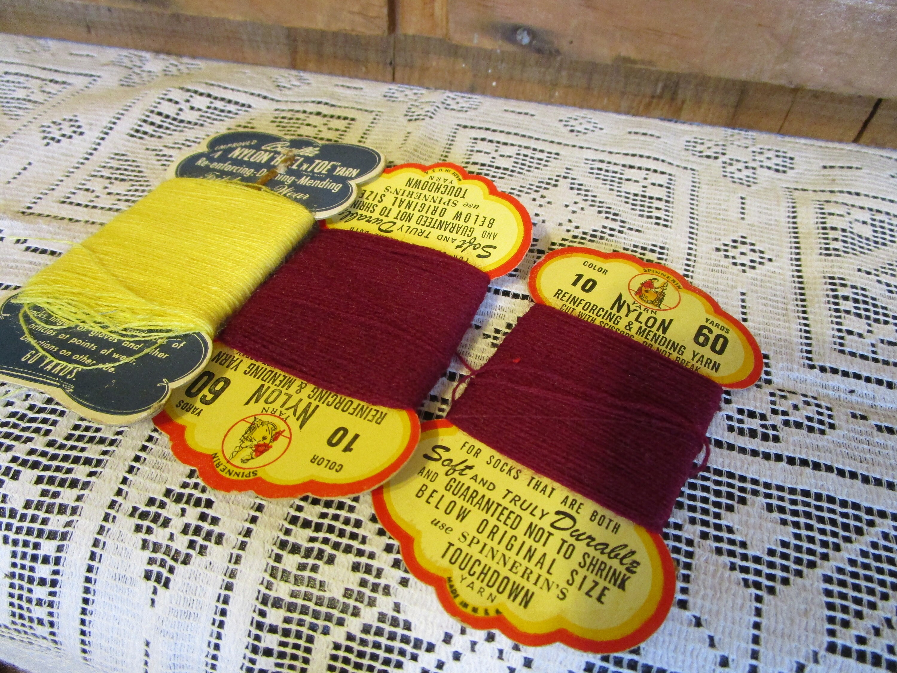 Darning Thread, Reinforcing and Mending Nylon Yarn, Spinnerins and Bucilla,  60 Yards, Lot of 3 Cards Maroon and Yellow. Vintage 1960s. 