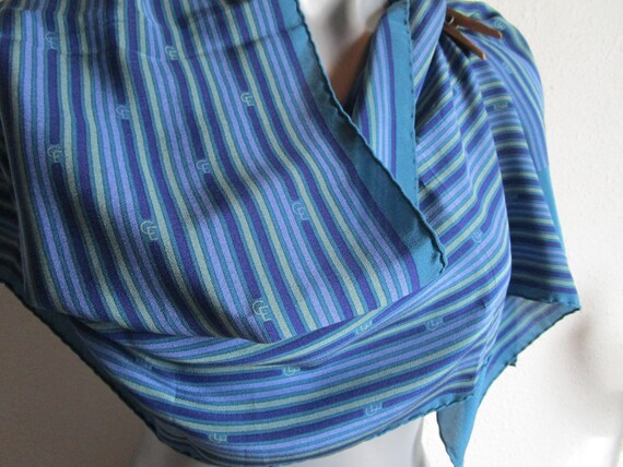 Long silk scarf; Blue green striped, lite shoulde… - image 2