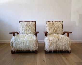 Antique Pair of Art Deco Club Chairs, reupholstered in Angora Goat, Early 1900s - Lounge Chairs, European Rustic, MCM, Midcentury