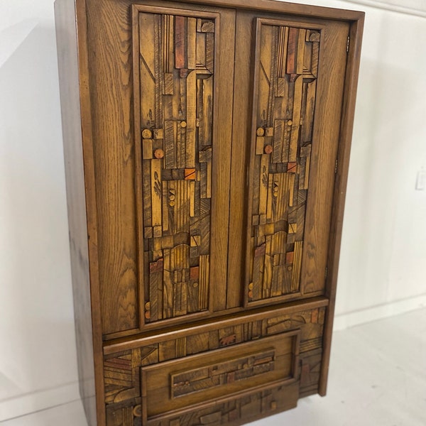 Vintage Brutalist Wardrobe by Lane, Mid-20th Century Postmodern Modern MCM Midcentury Retro Storage Highboy Gentlemen's Chest Armoire