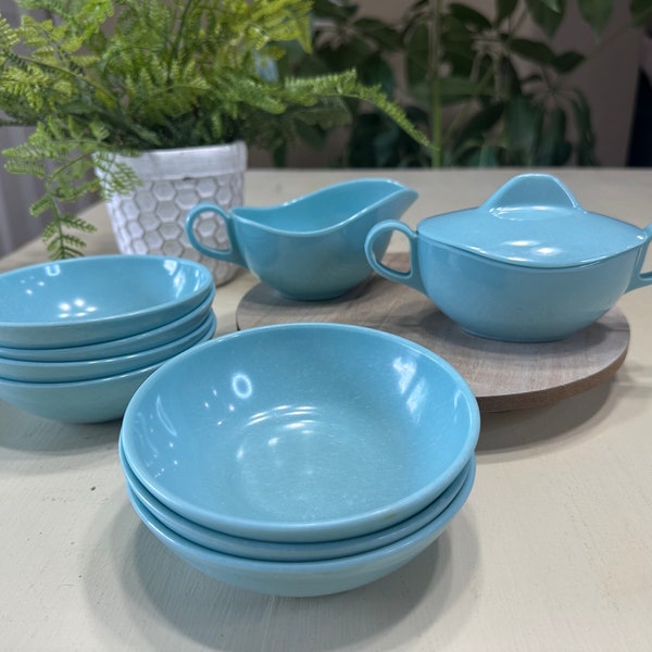 Lot of Vintage Teal Melmac Melamine Bowls and Sugar and Creamer Dish