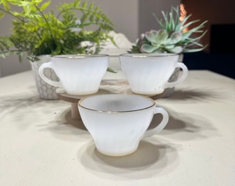 Vintage Anchor Hocking Suburbia Coffee/Tea Cups Milk Glass Swirl with Gold Trim