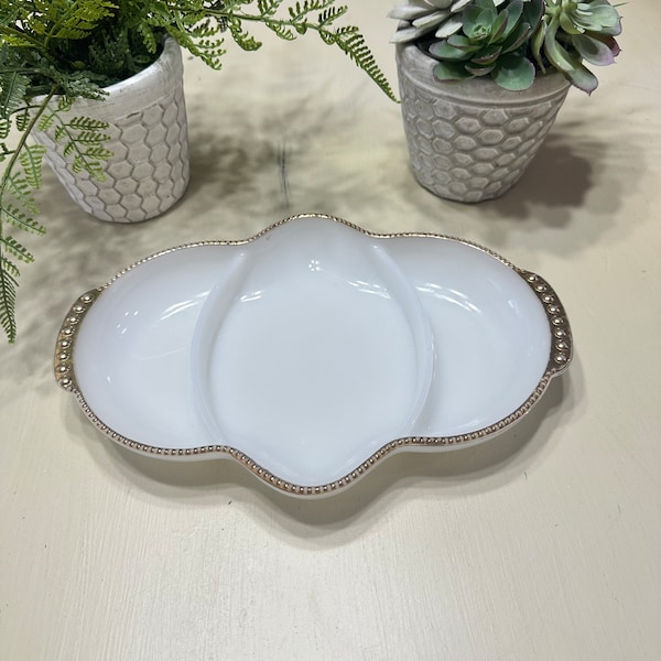 Vintage Fire King Milk Glass Ovenware Divided Serving Tray with Gold Edges