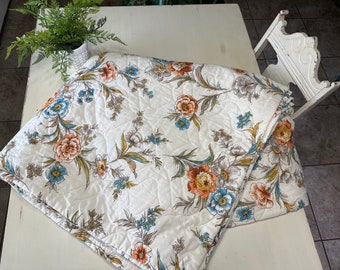 Vintage JC Penney Orange and Turquoise Floral Queen Sized Bedspread