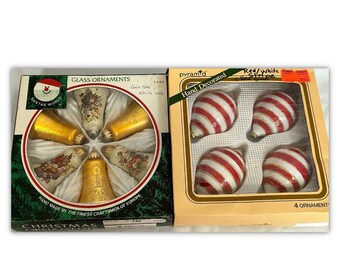 Christmas Hand Decorated Glass Ornaments 2 Sets Striped Teardrops & Floral Bells