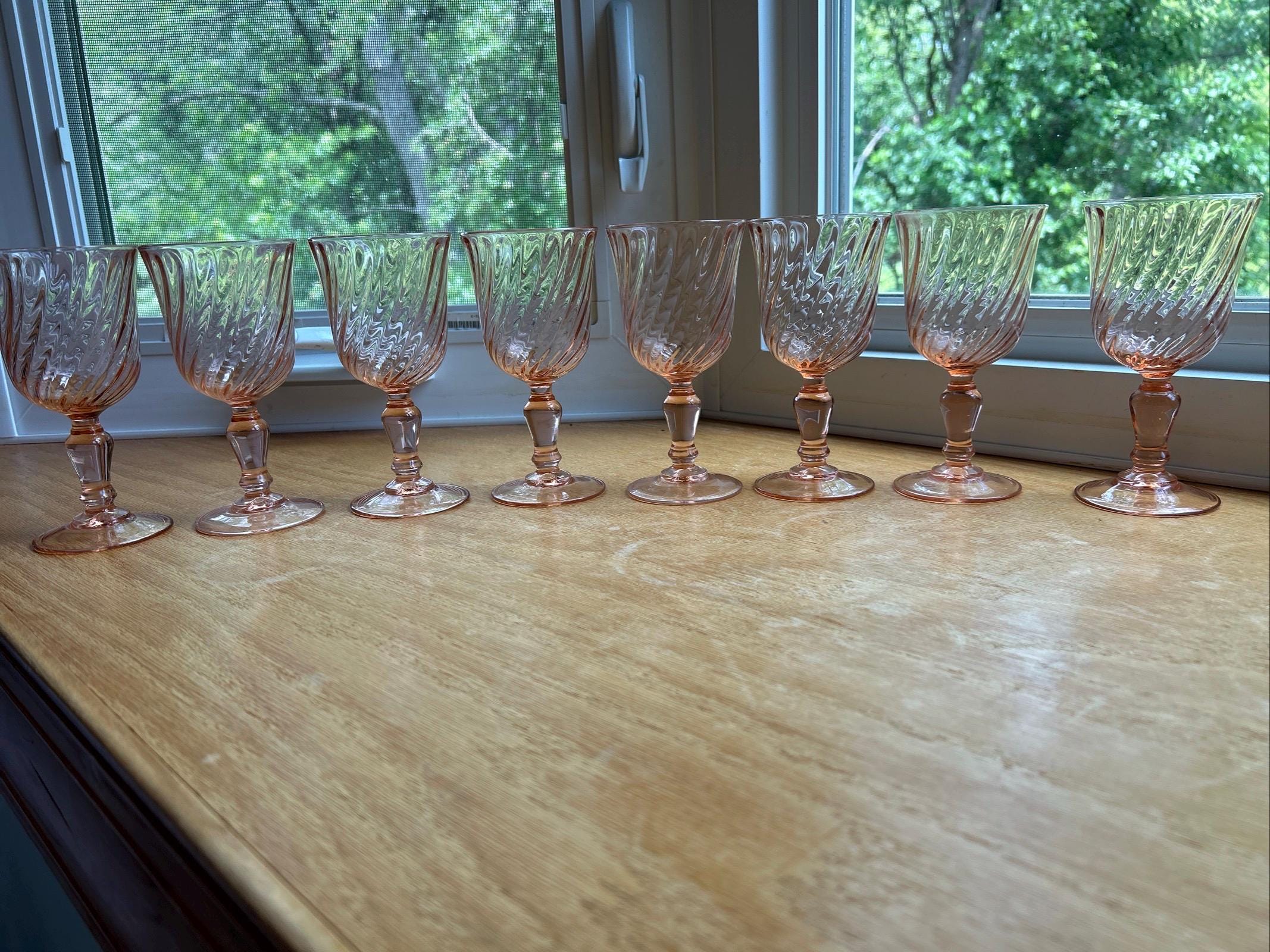 8pc France Cristal D'arques Durand Rosaline Pink Swirl Optic 5.3/4" Glasses 6 oz