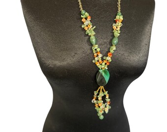 Necklace Glass Stone + More Beads  Handmade Green, Clear, Rust  18”Unique New