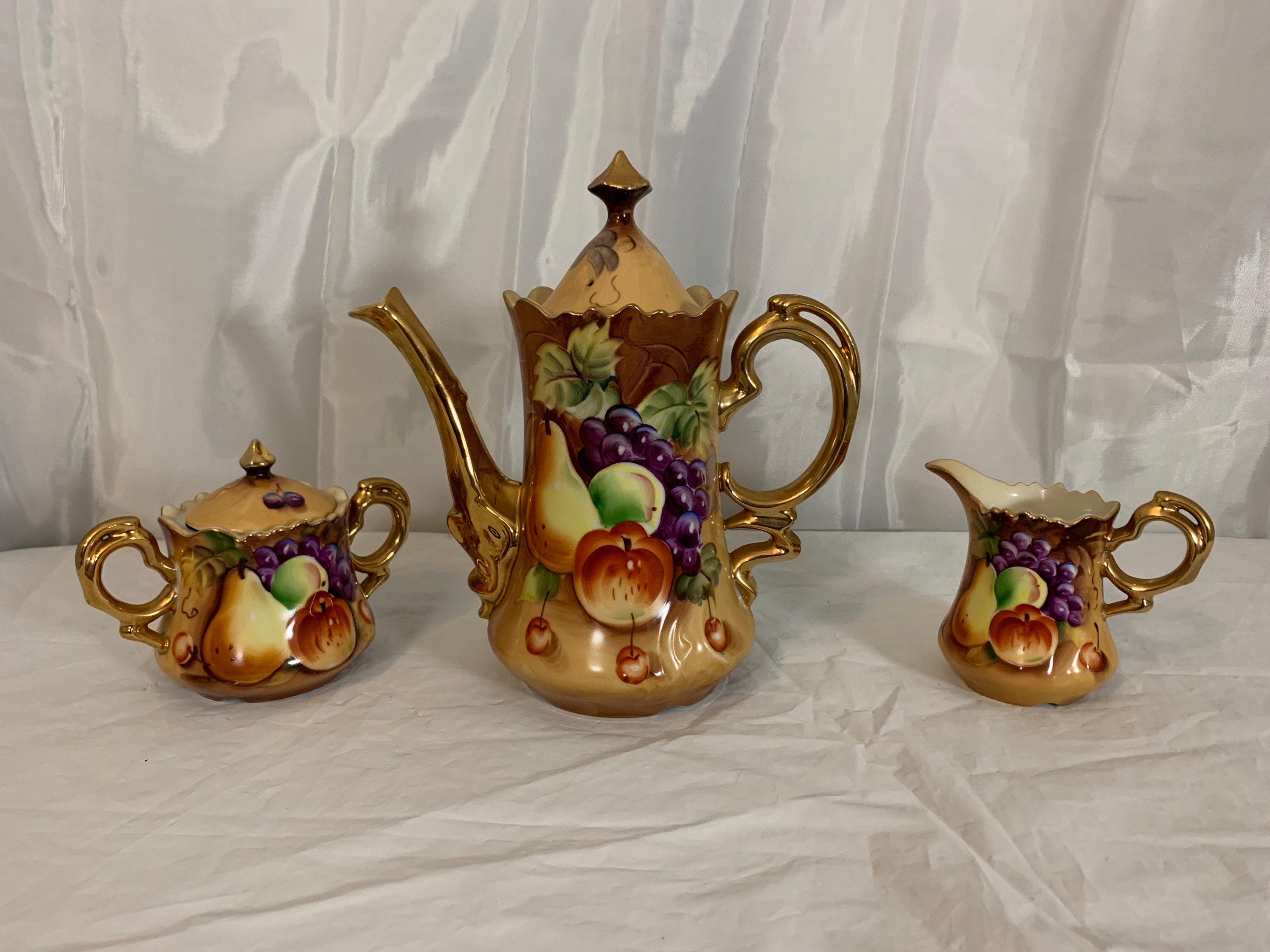 Lefton Heritage Brown Fruit China Teapot Sugar Bowl & Creamer Etsy
