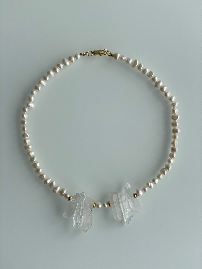 Wild and Stylish Pearl and Crystal Necklace with 18k Gold Chain, natural pearls, natural crystal, trendy necklace image 5