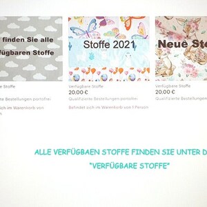 May include: A screenshot of an e-commerce website displaying fabric listings. The page features various fabric designs, including cloud patterns, butterfly prints, and floral motifs. Text on the page includes "Stoffe 2021" and "Neue Stoffe". The website's navigation menu is visible on the left.