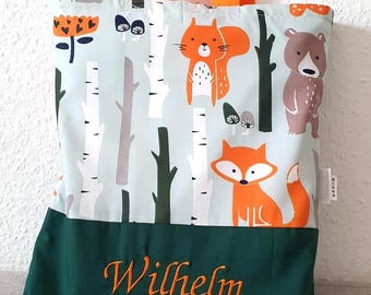 Fabric bag forest animals hedgehog, bear, fox, rabbit bag
