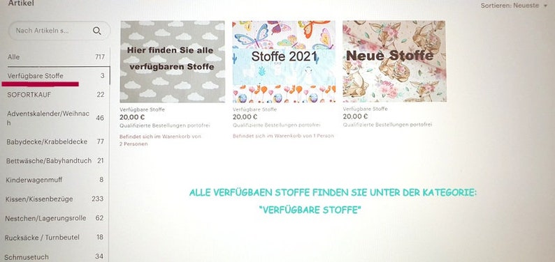 May include: A screenshot of a website with a list of fabric types and their availability. The website is in German and features images of different fabrics, including a cloud pattern, a butterfly pattern, and a deer pattern. The text "Alle verf&uuml;gbaren Stoffe finden Sie unter der Kategorie: "Verf&uuml;gbare Stoffe" is displayed at the bottom of the image.