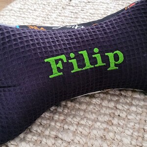 May include: A black and green bone-shaped pillow with the name "Filip" embroidered on it.