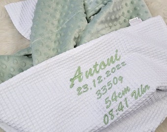 Nombre manta bebé manta con nombre bautizo manta para niños gofre blanco, tela minky verde mar