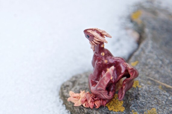 Realistic Red Orange Yellow Polymer Clay Dragon Sculpture Cute Fire Element Fantasy Animal Art