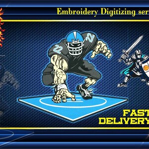 Op de afbeelding: Borduur-digitaliseringsservices met een cartoon-voetballer in een blauw-zwart uniform, een blauwe helm en nummer 22 op zijn shirt. De speler bevindt zich in een hurkende positie op een blauwe mat. De tekst "SNELLE LEVERING" staat in gele letters op een zwarte achtergrond.