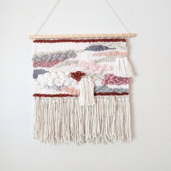 White, Pink & Grey Woven Wall Hanging | White, Rust and Grey Large Woven Wall Hanging | Neutral and Pink Wall Tapestry