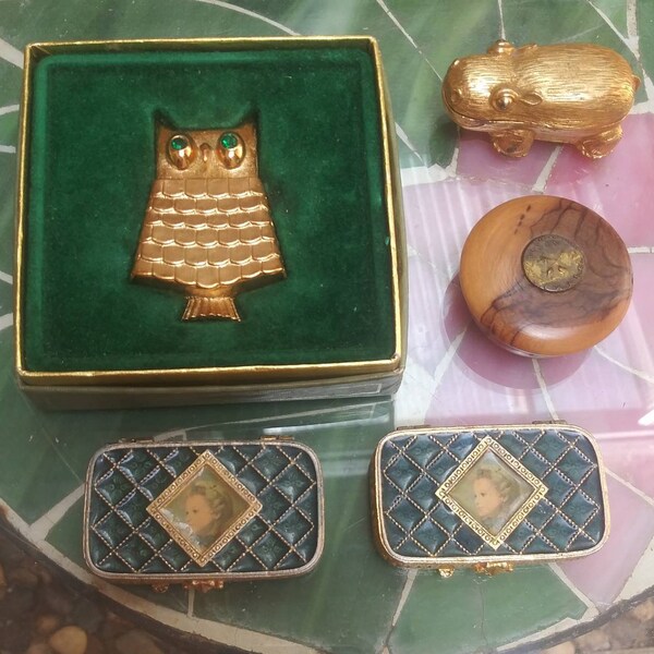 1970s Solid Perfume Lot of 5 Compacts Estee Lauder Charlie Hippo Avon Owl Taya Free Shipping Vintage Fragrance Lot