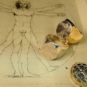 Leonardo Da Vinci commemorative sterling brass or bronze ring, replica Italian one Euro coin, signet ring, Vitruvian man.