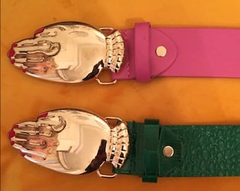 Schiaparelli Surrealist style hand buckle belt pink green