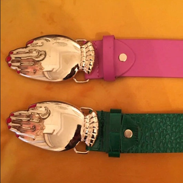 Schiaparelli Surrealist style hand buckle belt pink green