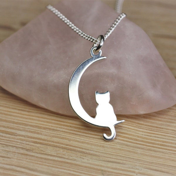 Cat on Moon Pendant Necklace, Moon Necklace, Cat Necklace, sterling silver