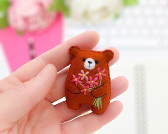 Small teddy bear, cutest plush toy,  pocket pet, pocket bear hug, woodland animals, embroidered flowers bouquet, cheer up gift, worry pet