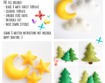 Felt forest PDF file sewing templates, woodland nursery forest garland, moon and stars kids room decors, felt ornaments, DIY kids crafts