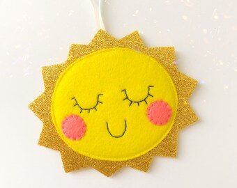 Sun decor sleepy eyes nursery wall hanging ornament, space adventure, sunshine theme, stars and planets, planet Earth birthday party