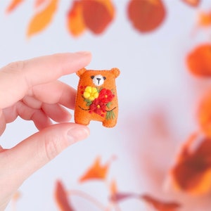 Teddy bear plushie fall decor, autumn colors embroidered sunflower, pocket bear hug small bear animals cute gift dollhouse pet cheer up gift image 1