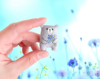 Miniature teddy bear cute gift plushie bear stuffed toy Cheer up gift, wildflower embroidered flowers bouquet floral pattern pocket bear hug