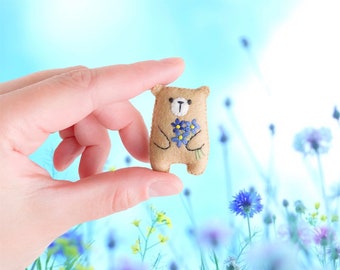 Small teddy bear - pocket pet, bear hug, miniature animals, forget me not flower wildflowers embroidered flowers bouquet, pocket bear hug