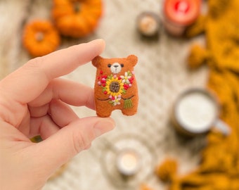 Miniature teddy bear pocket hug, worry pet, fall decor, autumn vibes cozy cute gift, wildflower sunflowers embroidered flowers bouquet