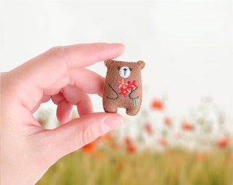 Miniature teddy bear, cute gift, brown bear plushie wildflower embroidered flowers bouquet floral pattern, pocket bear hug, stuffed animals