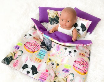 Doll bedding set, 12 inch doll bedding, doll bed comforter, bed linen, doll bed duvet, dollhouse bedroom, small dogs pattern bedding