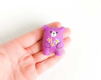 Miniature teddy bear, purple teddy plushie dollhouse toy, embroidered flowers, pocket friend, cute animals gift, woodland baby shower party