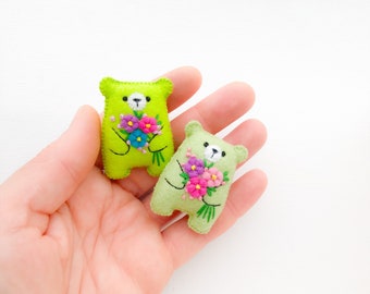 Miniature teddy bear, small plush toy, pink flowers embroidery, woodland animals, pocket bear hug, thinking of you gift, token of love gift