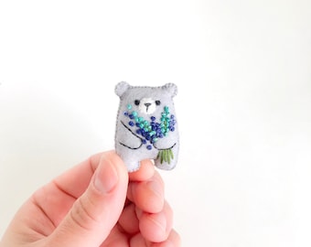 Tiny teddy bear plushie, grey bear, pocket friend, worry pet, floral animals embroidered flowers bouquet, mini love bear token of love gift