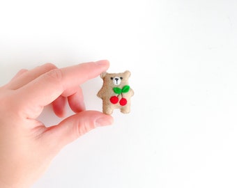 Miniature teddy bear, bear hug, small teddy with red cherries, pocket friend cute animals Christmas toy, woodland forest, token of love gift