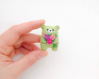 tiny teddy bear, spring flowers, bear pocket hug, pocket pet, worry pet, bear plushie, small teddy, token of love gift, miniature animals