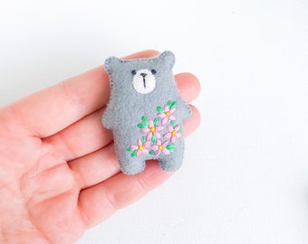 Miniature teddy bear floral animal grey plush toy, pocket hug, tiny teddy bear, embroidered flowers woodland forest creatures stuffed bear