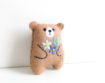 Mini bear miniature teddy bear little fuzzy bear dollhouse teddy tiny teddy soft bear wildflower embroidered flowers bouquet pocket bear hug