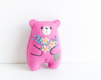 Pink teddy bear miniature plush toy, pocket bear hug, pocket pets wildflower embroidered flowers, dollhouse toy, gifts under 20 dollars