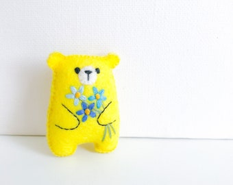 Tiny teddy bear, miniature teddy bear, yellow blue pocket bear hug embroidered flowers small animals cute gift pocket pet cheer up gift