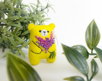 Lemon yellow mini teddy bear, embroidered lupine flowers bouquet, worry pet, stuffed bear, pocket bear hug, miniature animals dollhouse toy