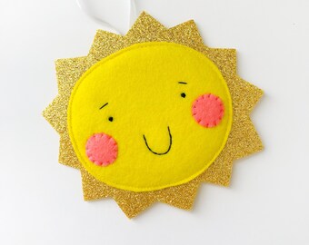 Felt sun decoration nursery wall hanging ornament, space adventure, sunshine theme, stars and planets, planet Earth birthday party decor