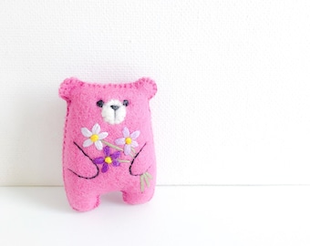 Miniature teddy bear, pink teddy, small plushie toy, embroidered flowers, pocket friend, miniature animals, woodland party, forest animals,