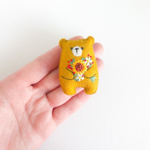 Miniature teddy bear plush toy mustard teddy, pocket bear hug, personalized gift, wildflower sunflowers embroidered flowers, cute animals