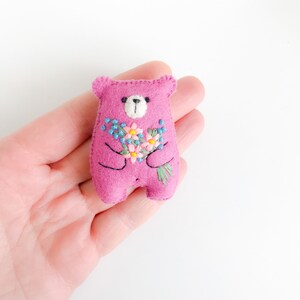 Pink teddy bear miniature plush toy, pocket bear hug, pocket pets wildflower embroidered flowers, dollhouse toy, gifts under 20 dollars image 2